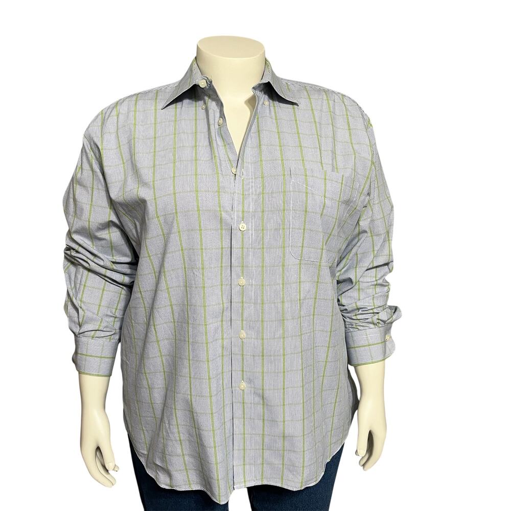 💫Alan Flusser Men’s XL Window Pane Button Up Blue Green Long Sleeve